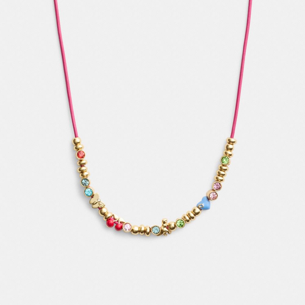 Coach Cherry And Heart Multi Charm Leather Wrap Necklace Gold/Multi | COH866211