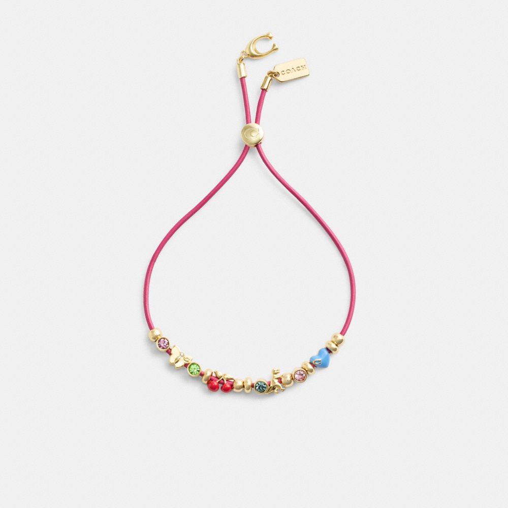 Coach Cherry And Heart Multi Charm Leather Slider Bracelet Gold/Multi | COH866228