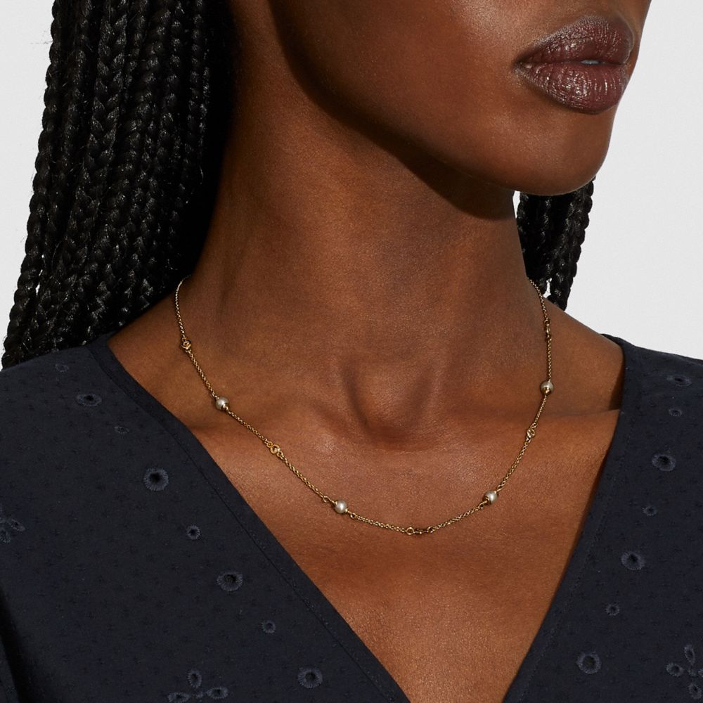 Coach Classic Crystal Pearl Necklace Gold | COH866161