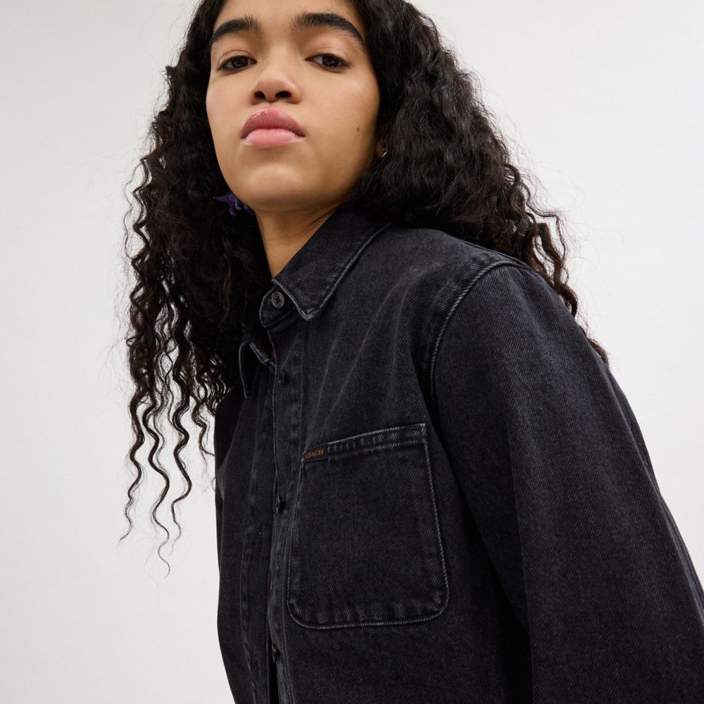 Coach Cropped Denim Button Down In Organic Cotton Black | COH865986