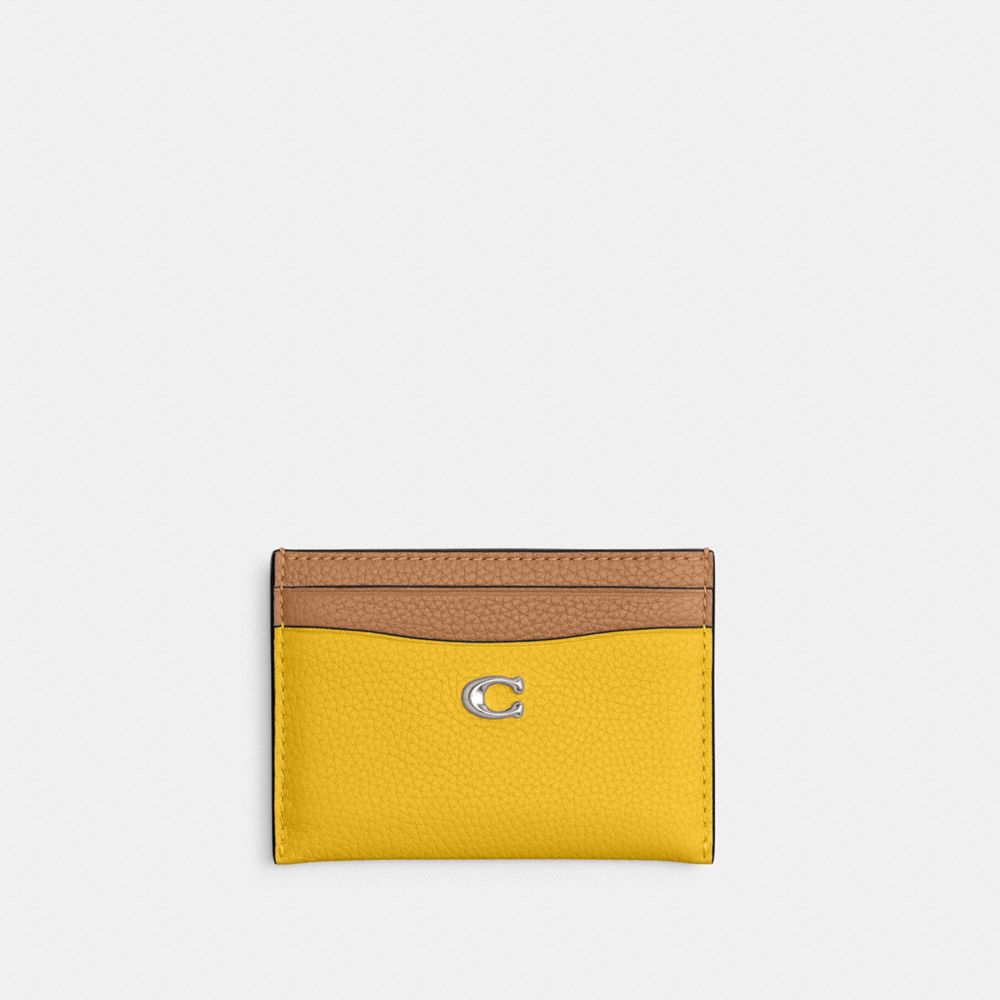 Coach Essential Card Case In Colorblock Polished Pebble Leather/Silver/Canary Multi | COH865717
