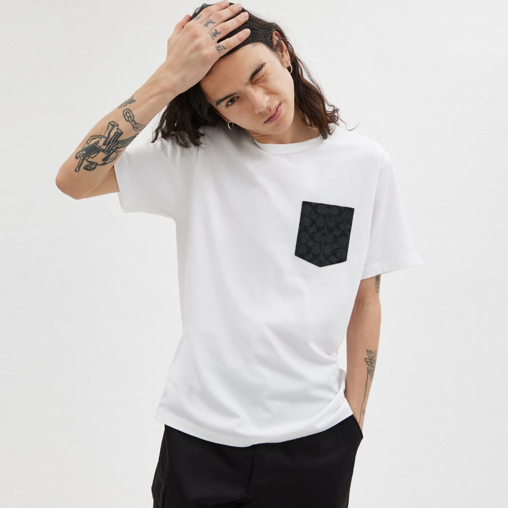 Coach Essential Pocket T Shirt White/Charcoal Signature | COH866928