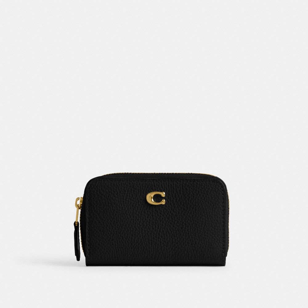 Coach Essential Small Zip Around Card Case Polished Pebble Leather/Brass/Black | COH865554