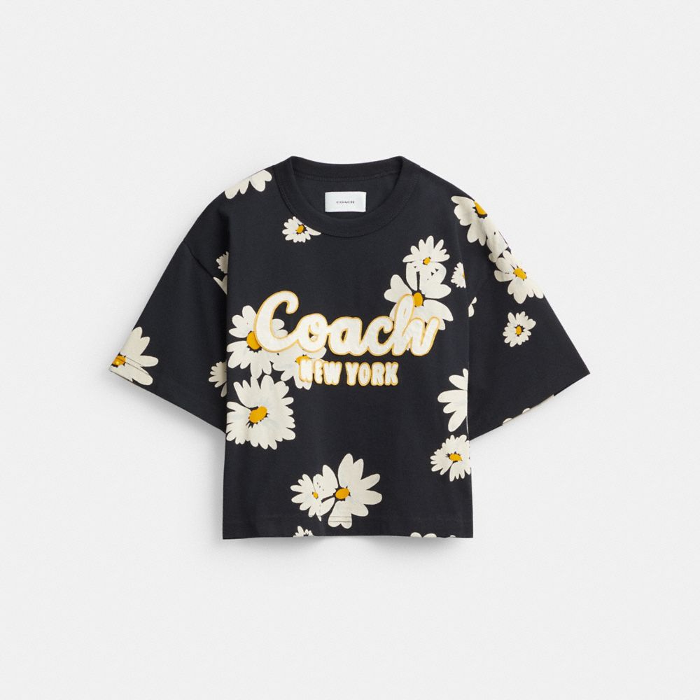 Coach Floral Cropped Signature Script T Shirt In Organic Cotton Black | COH865998