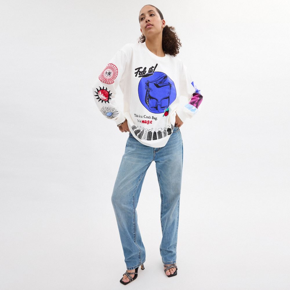 Coach Graphic Long Sleeve T Shirt In Organic Cotton White Cream | COH866931