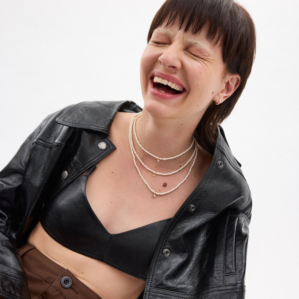 Coach Layered Pearl Charm Necklace Gold/Pearl | COH866207