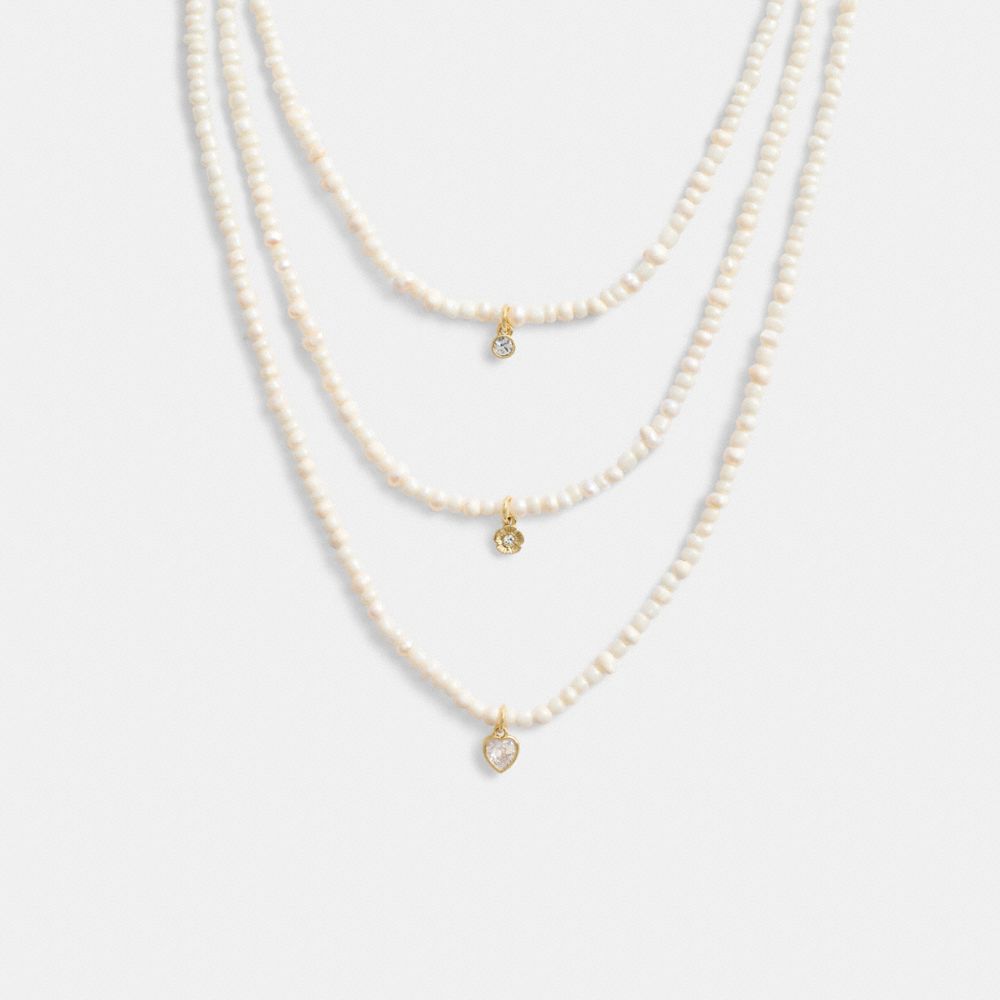 Coach Layered Pearl Charm Necklace Gold/Pearl | COH866207