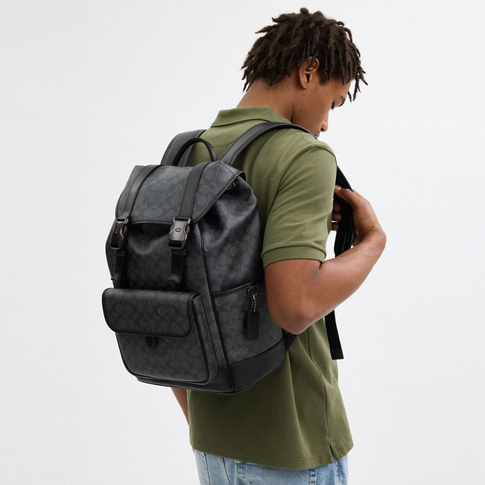Coach League Flap Backpack In Signature Canvas Signature Coated Canvas/Charcoal Signature | COH865480