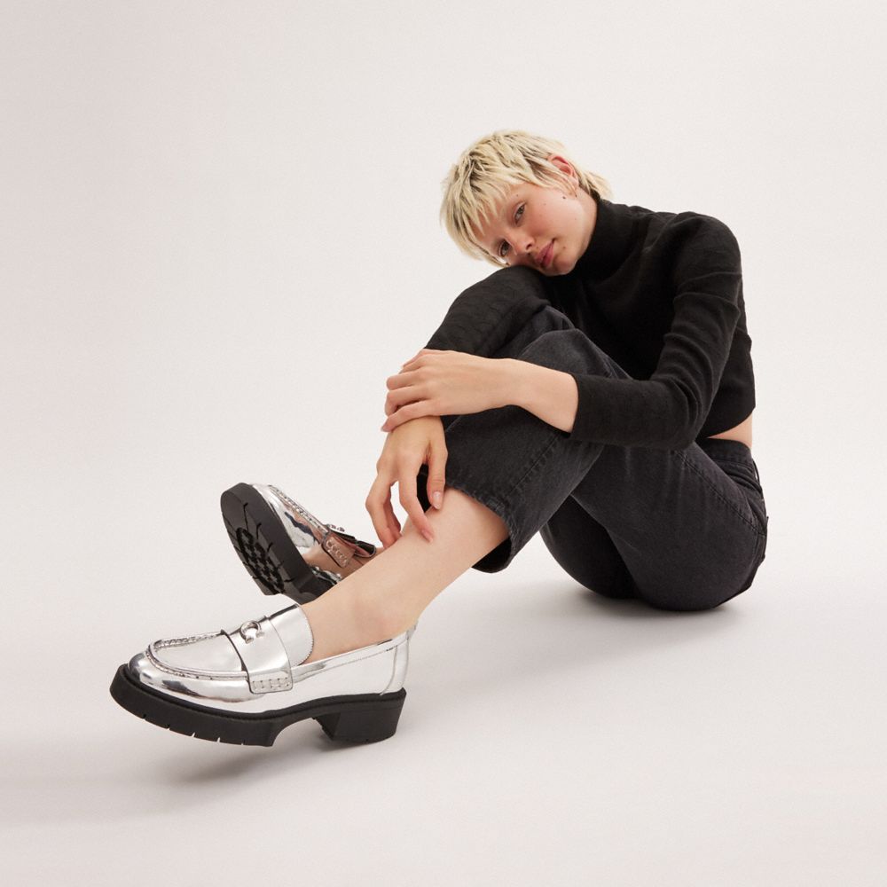 Coach Leah Loafer In Silver Metallic Leather/Silver | COH865797