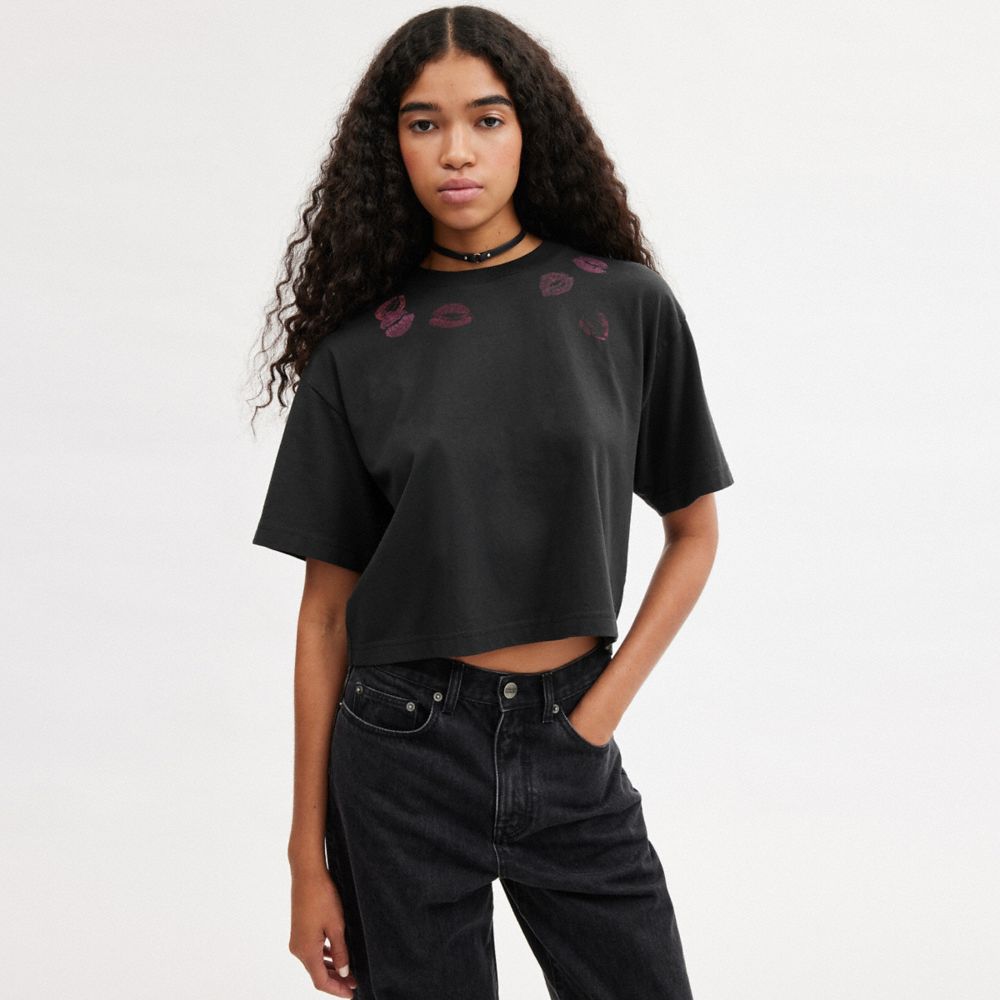 Coach Lip Print Cropped T Shirt Black | COH865956