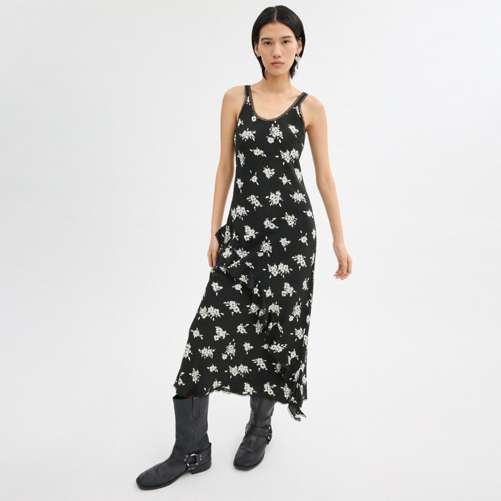 Coach Long Floral Ruffle Dress Black/White Multi | COH866064