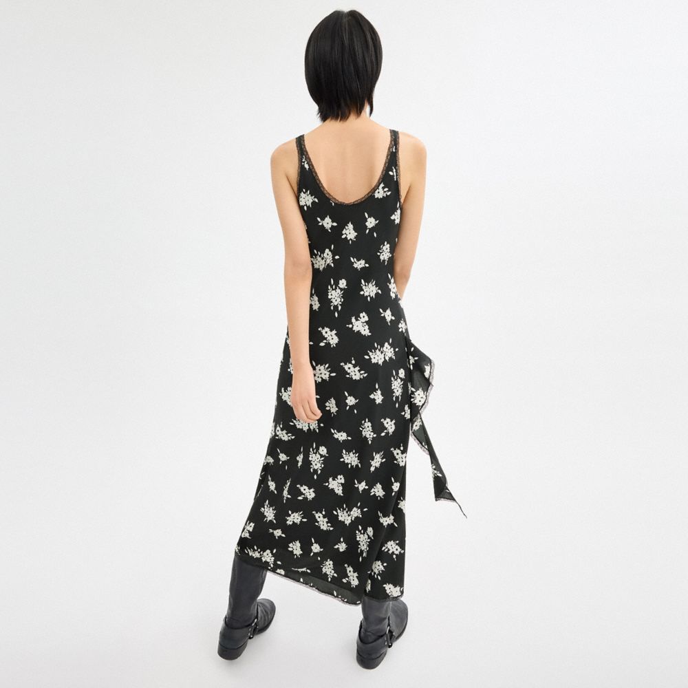 Coach Long Floral Ruffle Dress Black/White Multi | COH866064