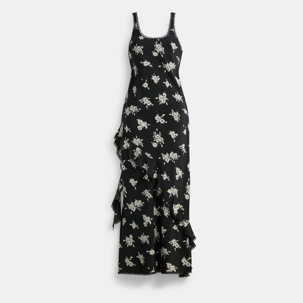 Coach Long Floral Ruffle Dress Black/White Multi | COH866064