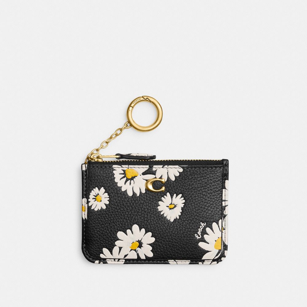 Coach Mini Skinny Id Case With Floral Print Polished Pebble Leather/Brass/Black Multi | COH865603