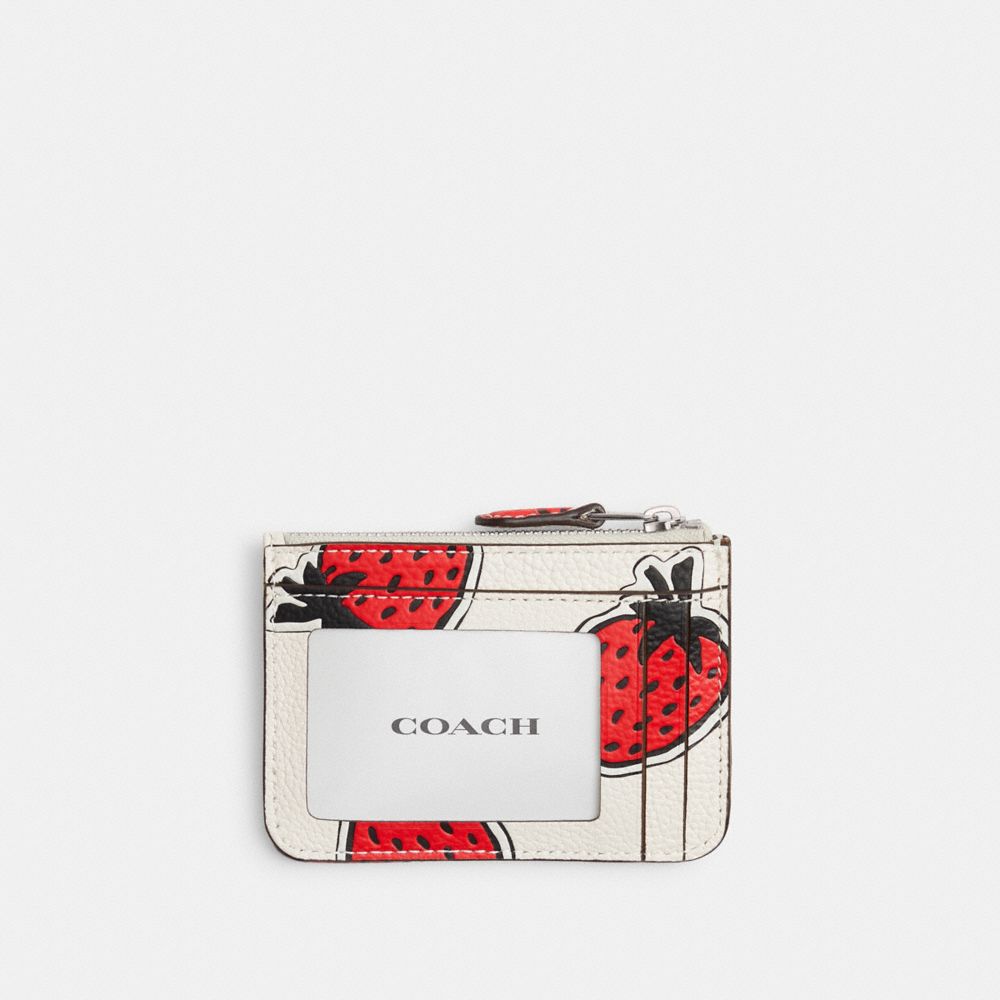 Coach Mini Skinny Id Case With Strawberry Print Polished Pebble Leather/Silver/Chalk Multi | COH865576