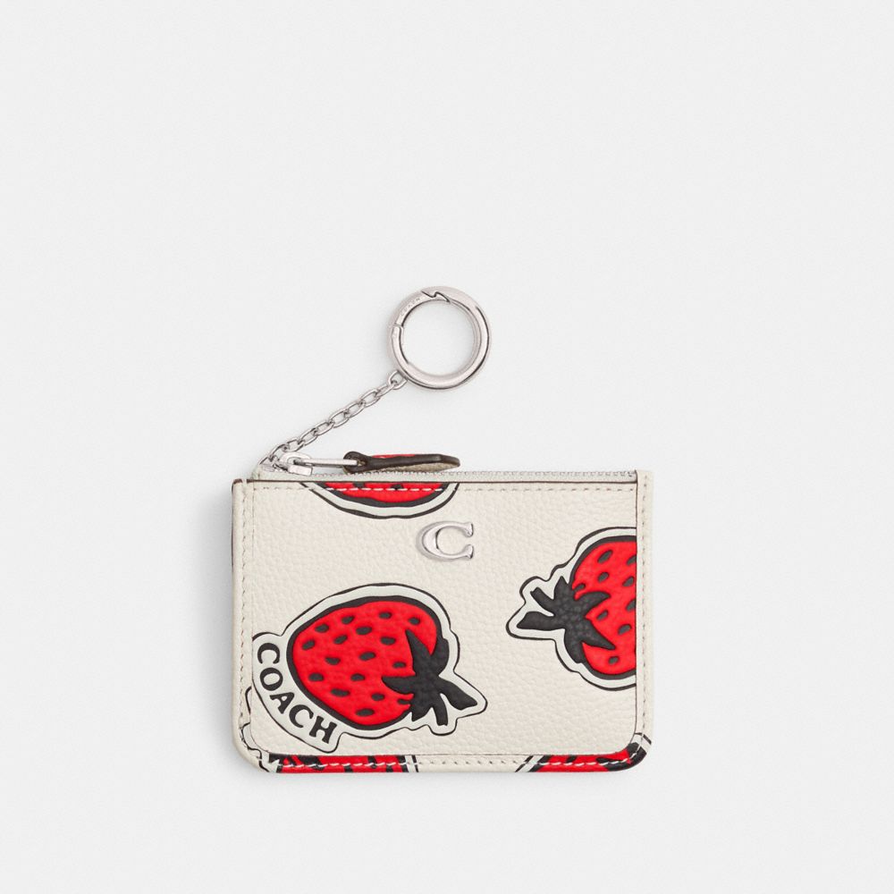 Coach Mini Skinny Id Case With Strawberry Print Polished Pebble Leather/Silver/Chalk Multi | COH865576