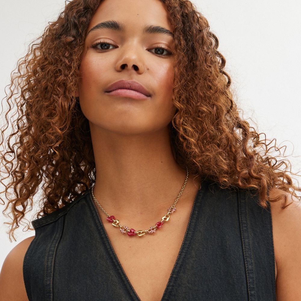 Coach Pavé Hearts Chain Link Necklace Gold/Pink Multi | COH866112