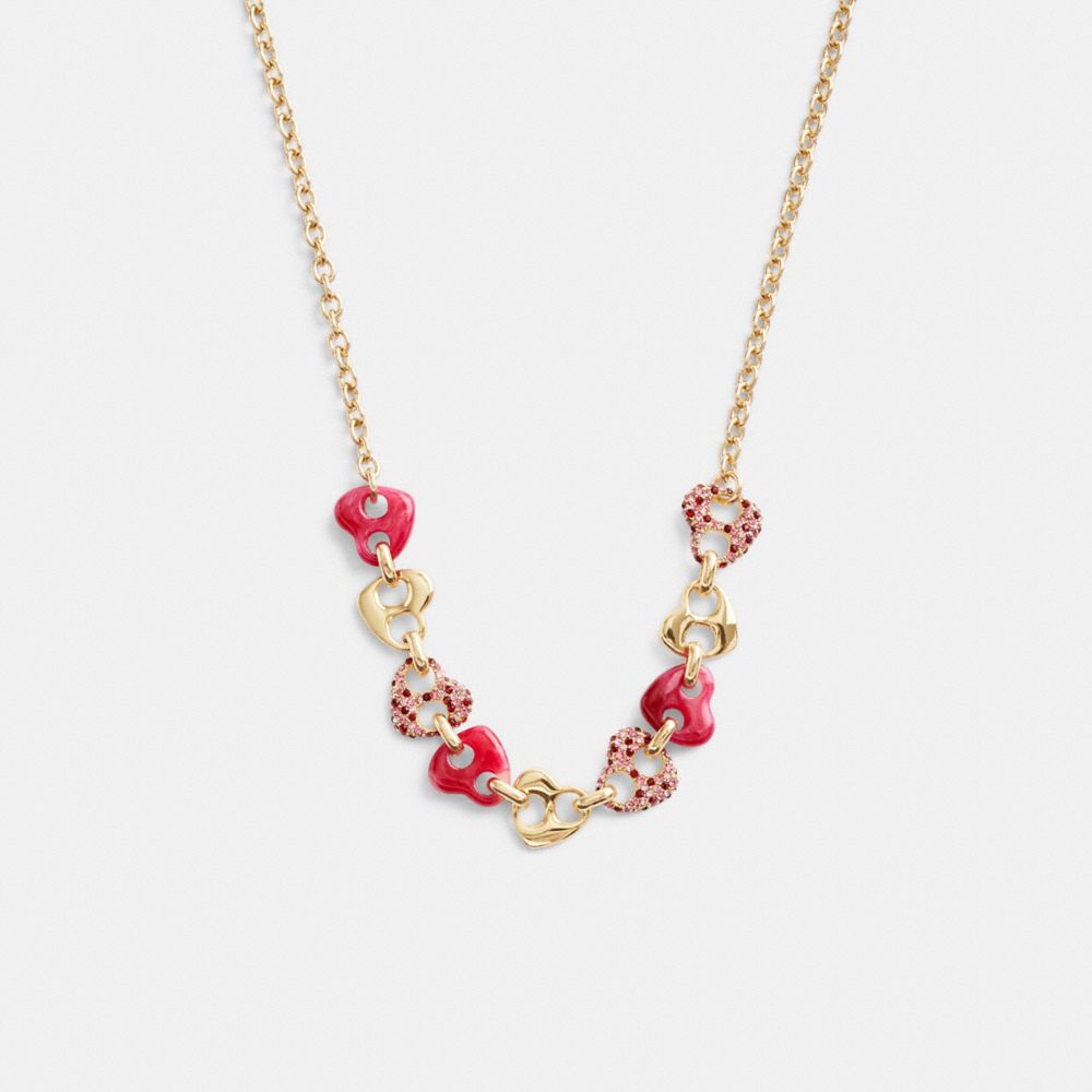 Coach Pavé Hearts Chain Link Necklace Gold/Pink Multi | COH866112