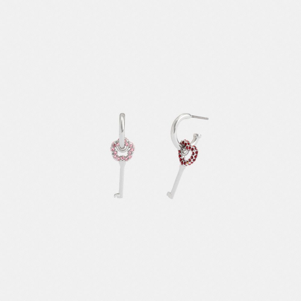 Coach Pavé Key Mismatch Huggie Earrings Silver/Pink Multi | COH866214