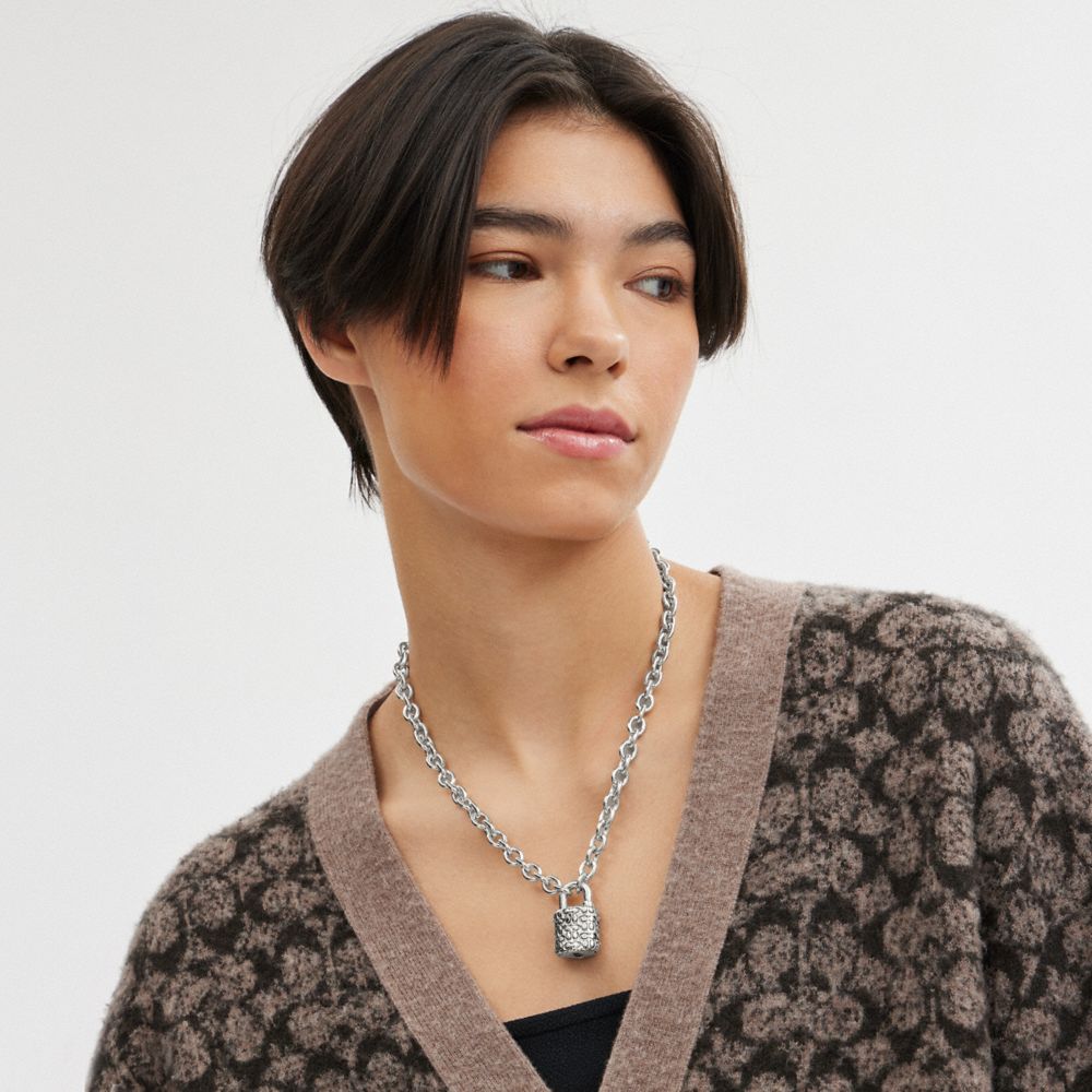 Coach Quilted Padlock Chain Necklace Silver/Black | COH866090