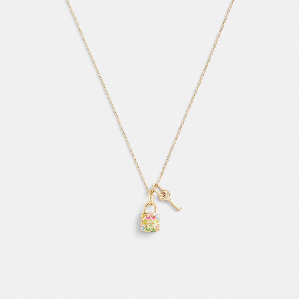 Coach Rainbow Quilted Padlock Key Pendant Necklace Gold/Multi | COH866143