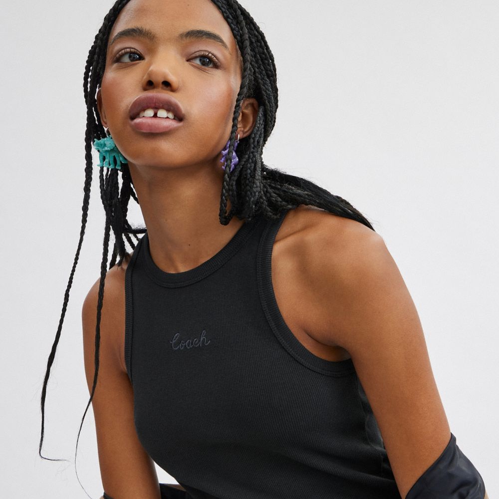 Coach Ribbed Script Tank Top Black | COH865950