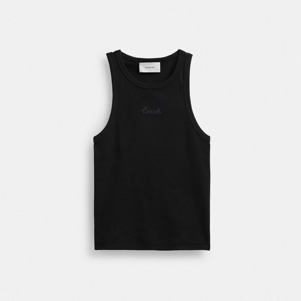 Coach Ribbed Script Tank Top Black | COH865950