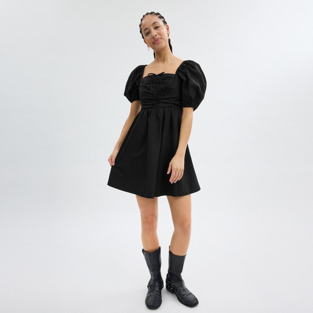 Coach Short Dress With Puff Sleeves In Organic Cotton Black | COH866068