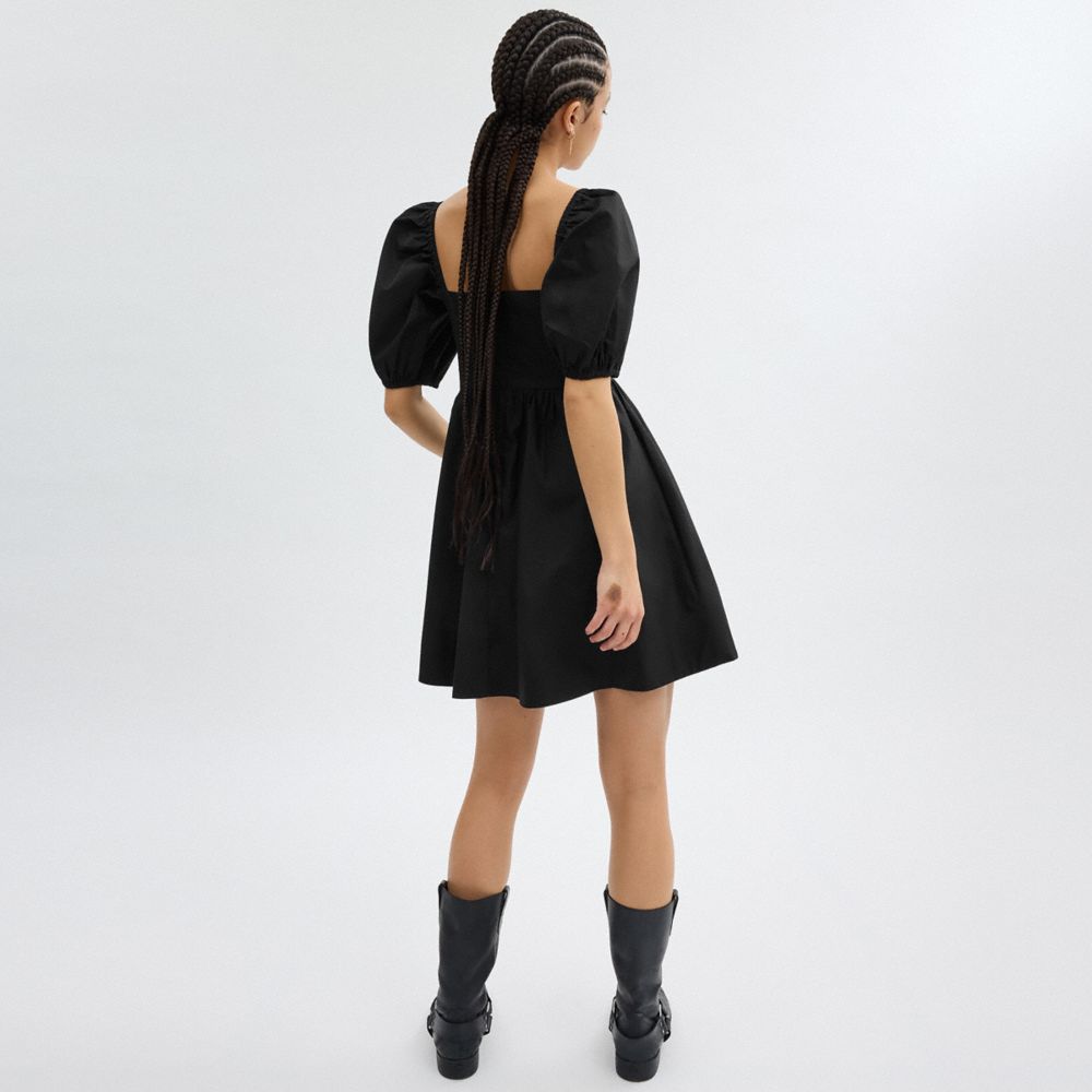 Coach Short Dress With Puff Sleeves In Organic Cotton Black | COH866068