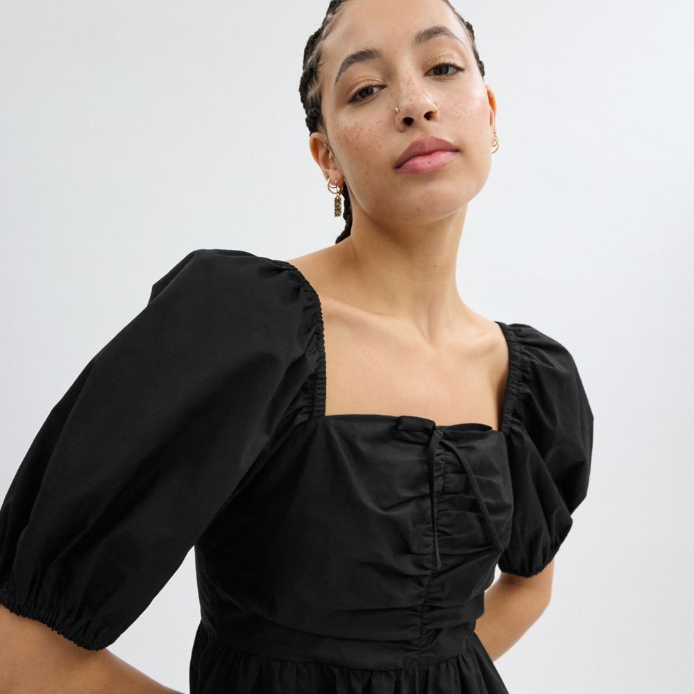 Coach Short Dress With Puff Sleeves In Organic Cotton Black | COH866068