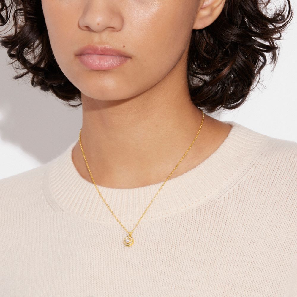 Coach Signature Crystal Pearl Pendant Necklace Gold | COH866188
