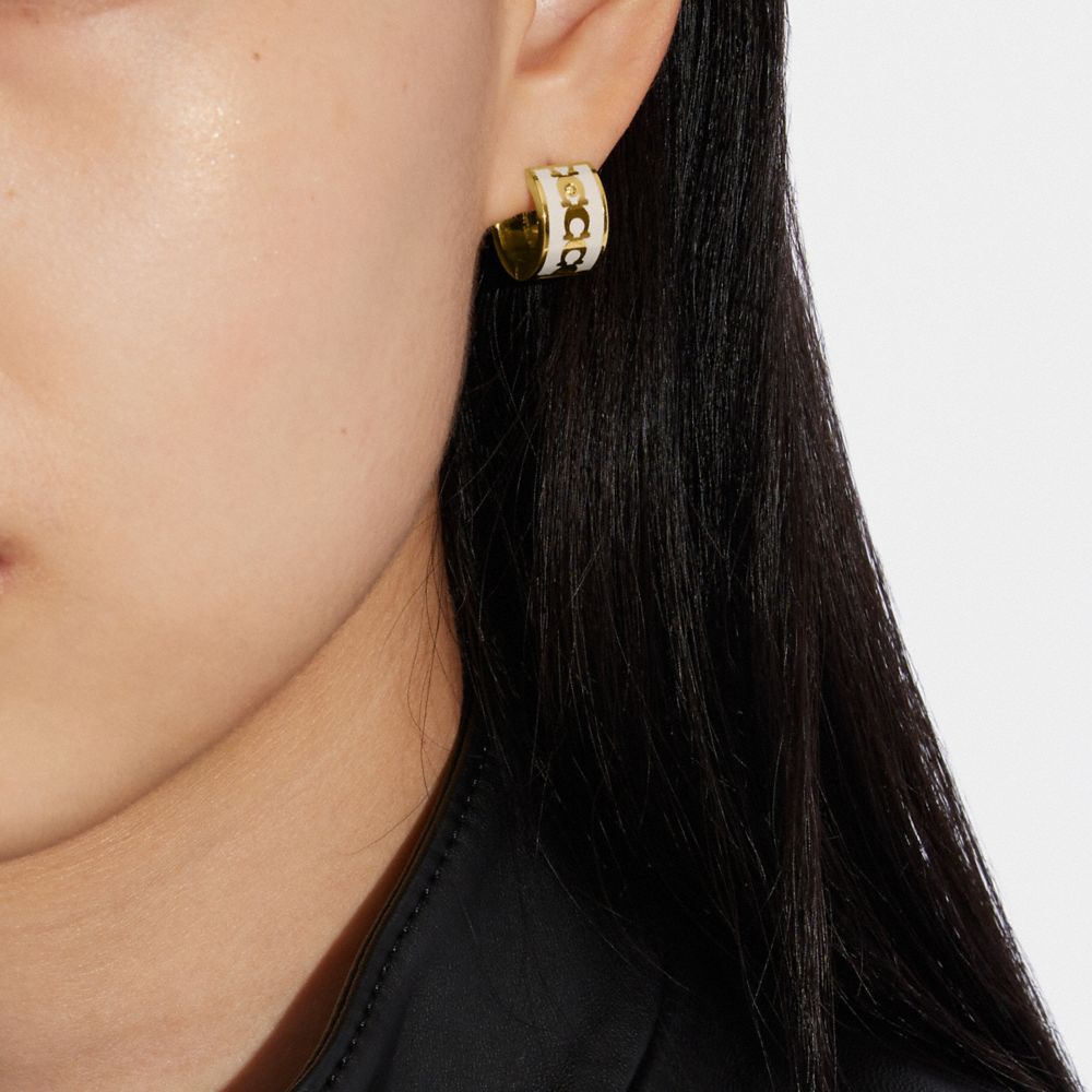 Coach Signature Enamel Hoop Earrings Gold/Chalk | COH866085