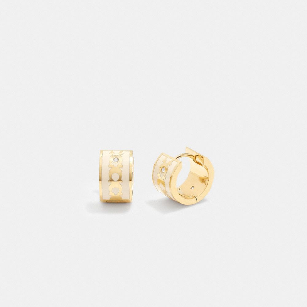 Coach Signature Enamel Hoop Earrings Gold/Chalk | COH866085