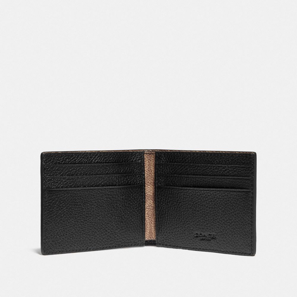 Coach Slim Billfold Wallet With Signature Canvas Detail Pebble Leather/Signature Coated Canvas/Black/Khaki | COH866711