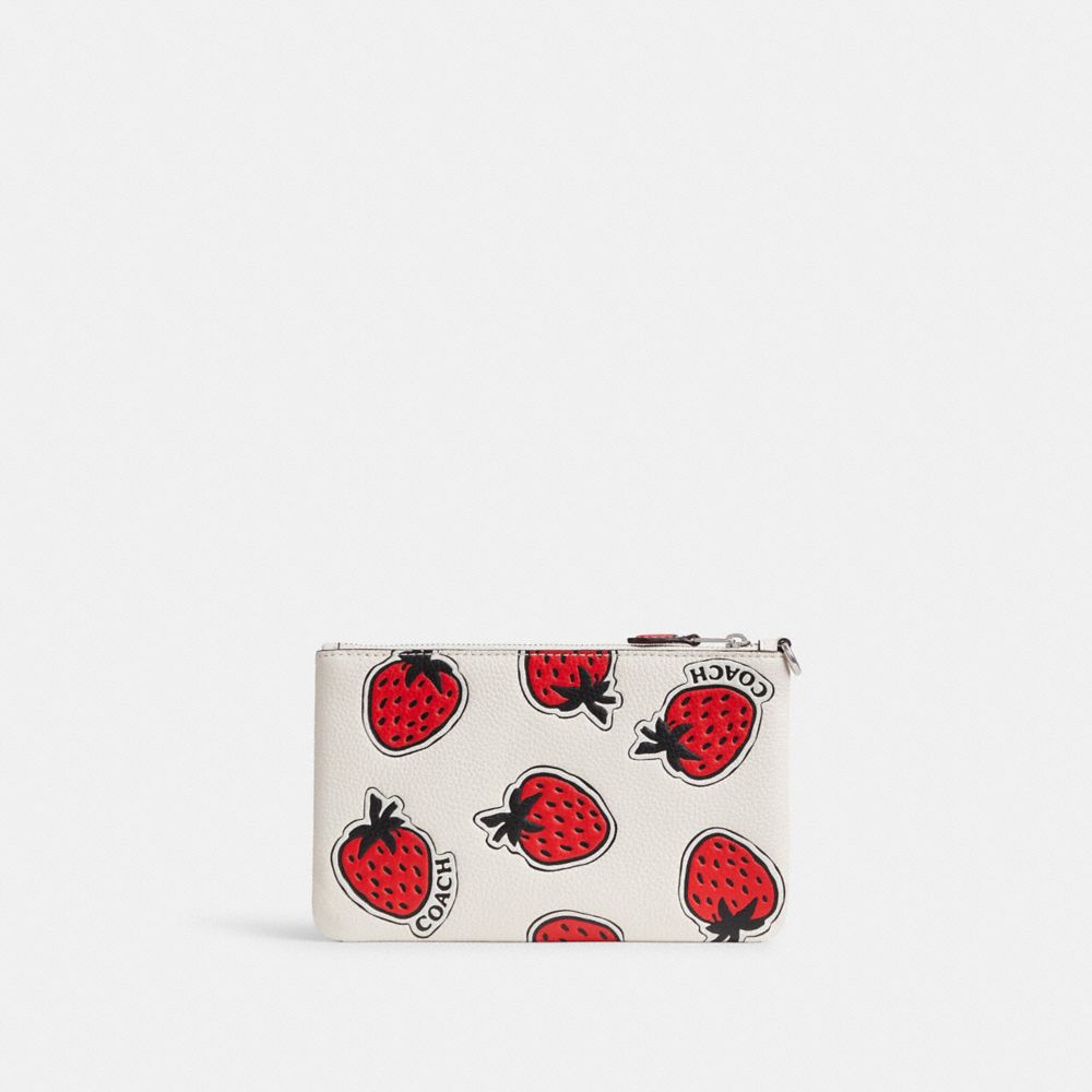 Coach Small Wristlet With Strawberry Print Polished Pebble Leather/Silver/Chalk Multi | COH865646