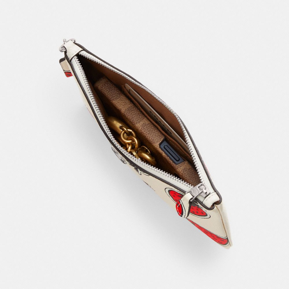 Coach Small Wristlet With Strawberry Print Polished Pebble Leather/Silver/Chalk Multi | COH865646