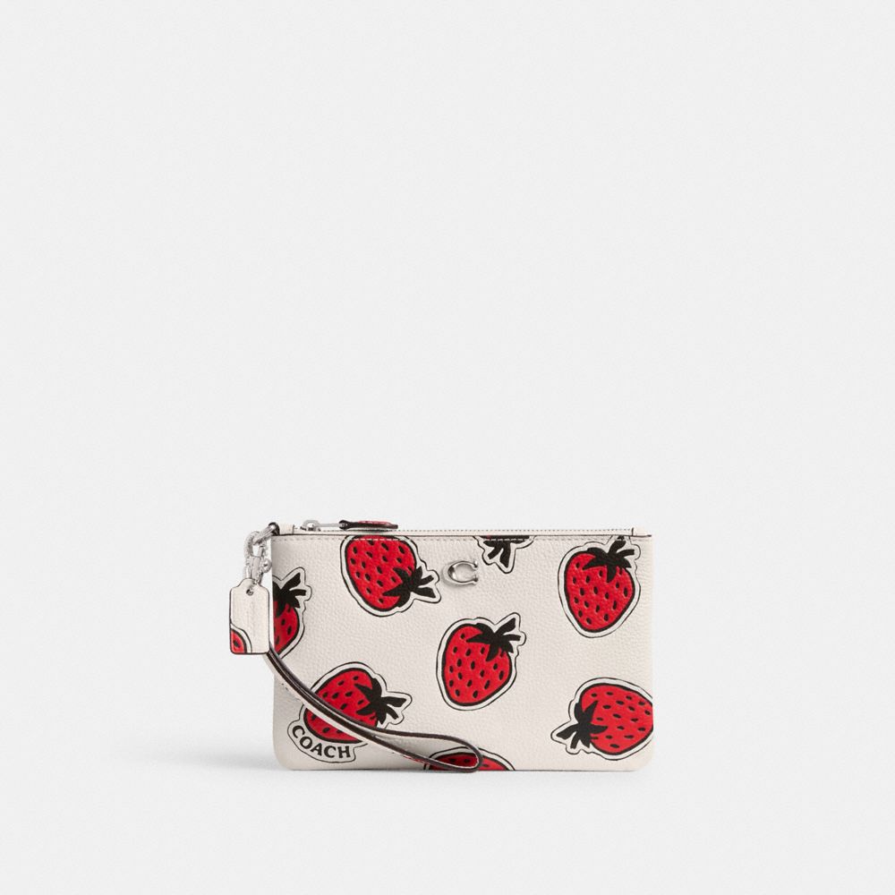 Coach Small Wristlet With Strawberry Print Polished Pebble Leather/Silver/Chalk Multi | COH865646