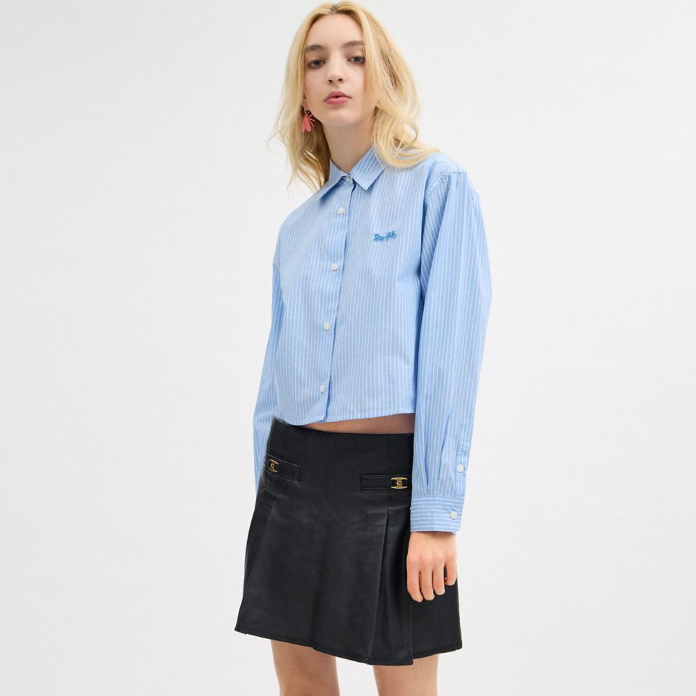 Coach Striped Cropped Button Up Shirt Blue Multi | COH865981