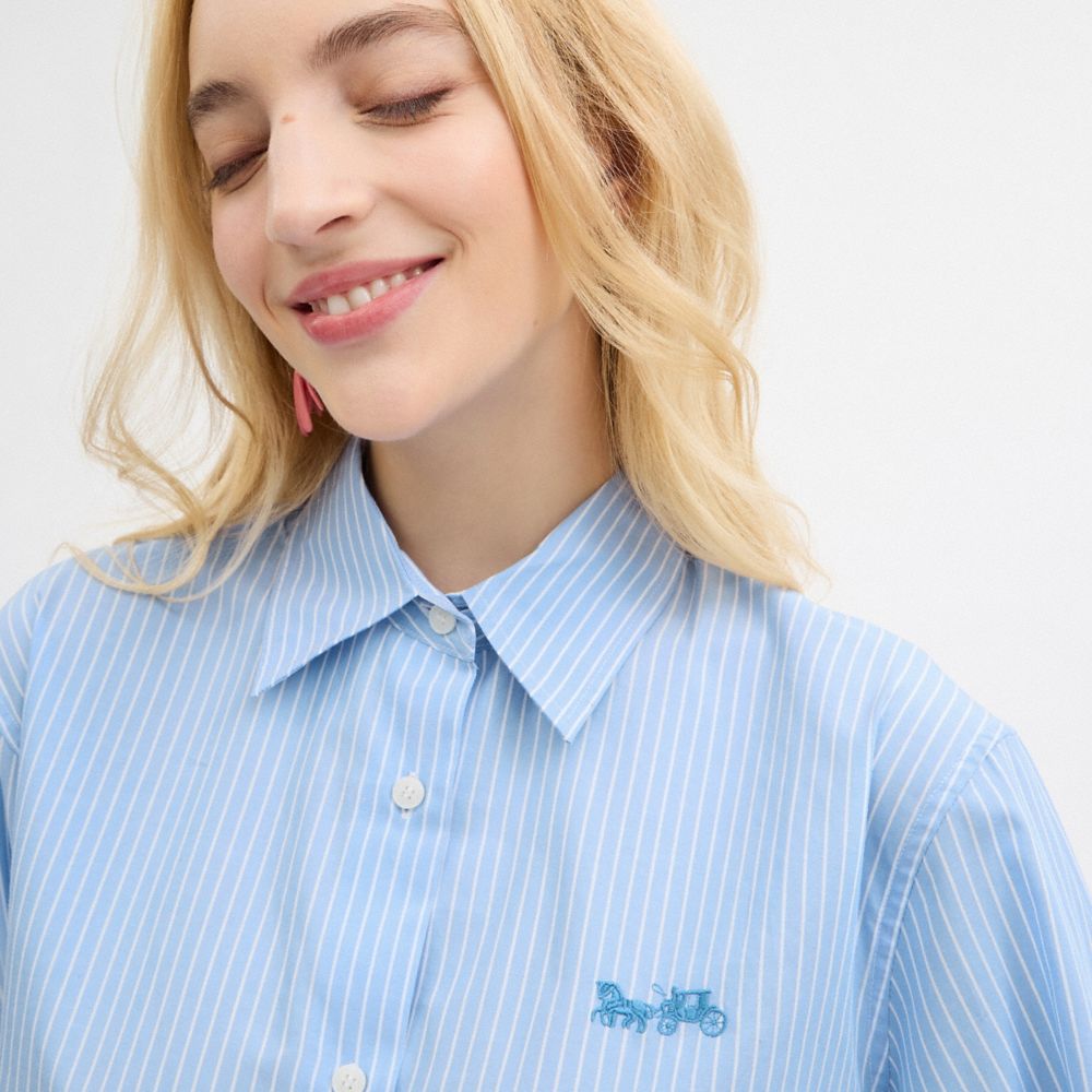Coach Striped Cropped Button Up Shirt Blue Multi | COH865981