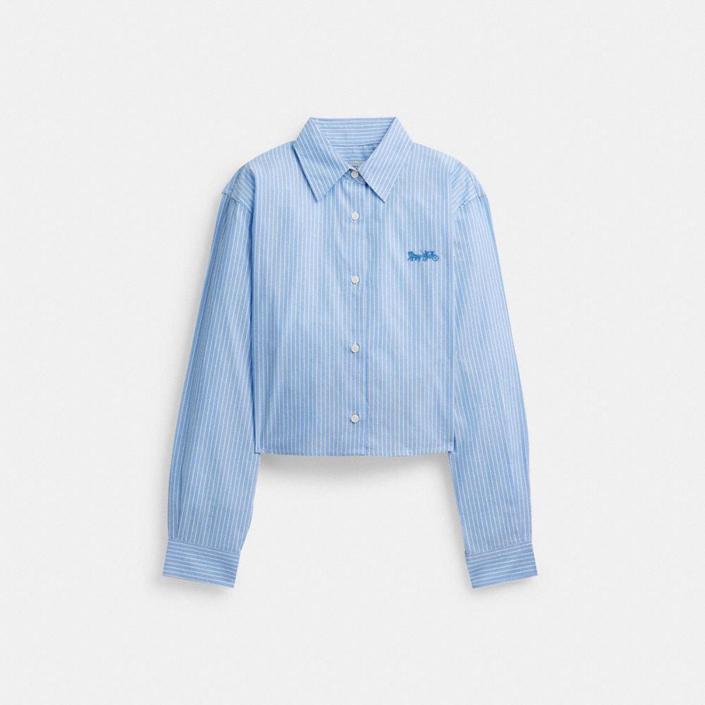 Coach Striped Cropped Button Up Shirt Blue Multi | COH865981
