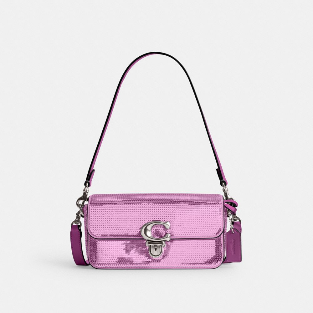 Coach Studio Baguette Bag With Sequins Calf Leather/Silver/Dark Magenta | COH865274