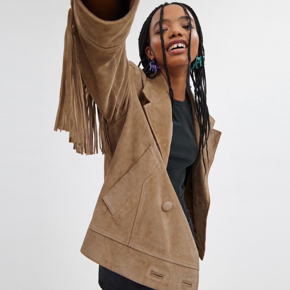 Coach Suede Fringe Jacket Dark Beige | COH865936