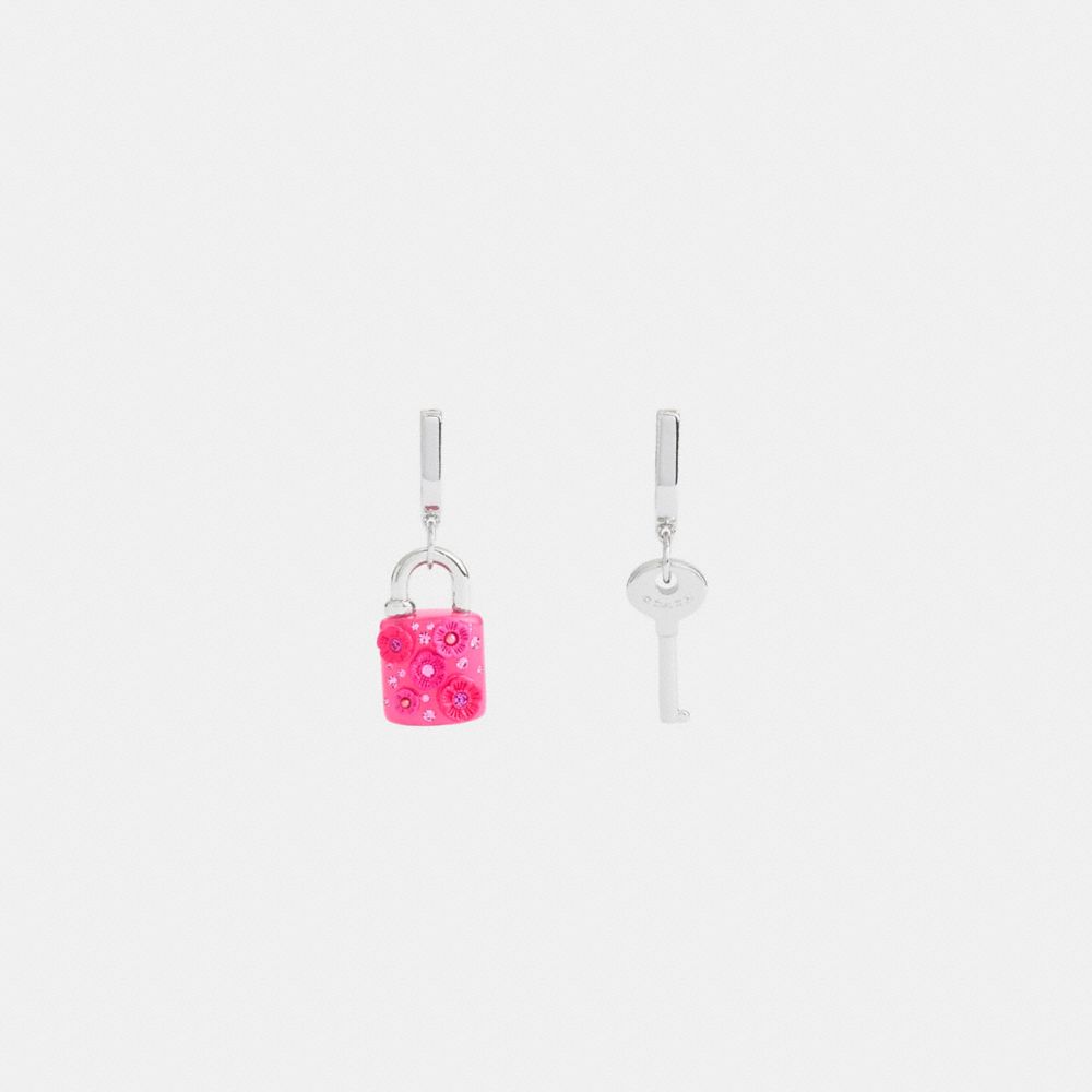 Coach Tea Rose Padlock And Key Mismatch Huggie Earrings Silver/Pink | COH866215