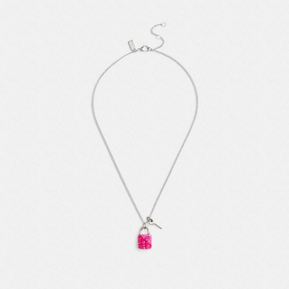Coach Tea Rose Padlock And Key Pendant Necklace Silver/Pink | COH866212