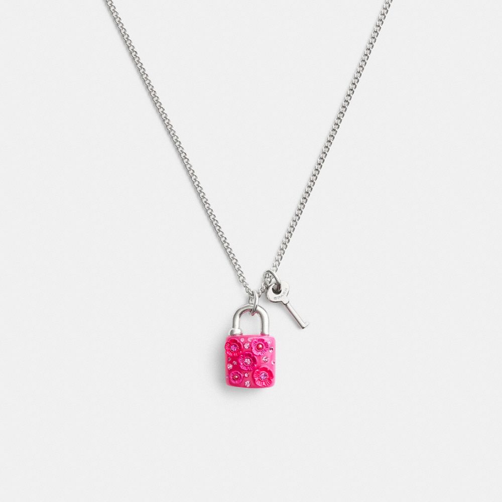 Coach Tea Rose Padlock And Key Pendant Necklace Silver/Pink | COH866212