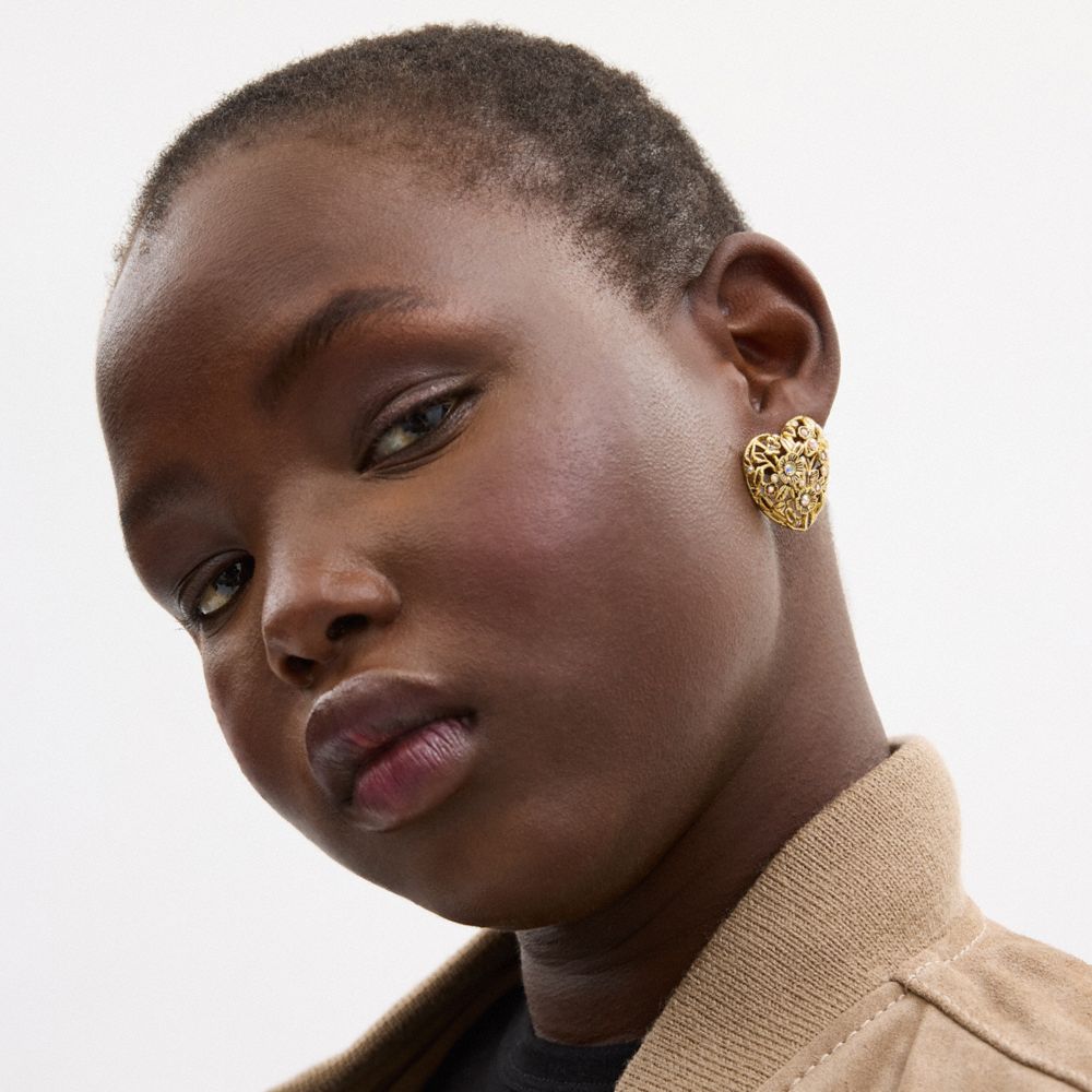 Coach Vintage Heart Statement Stud Earrings Gold | COH866144