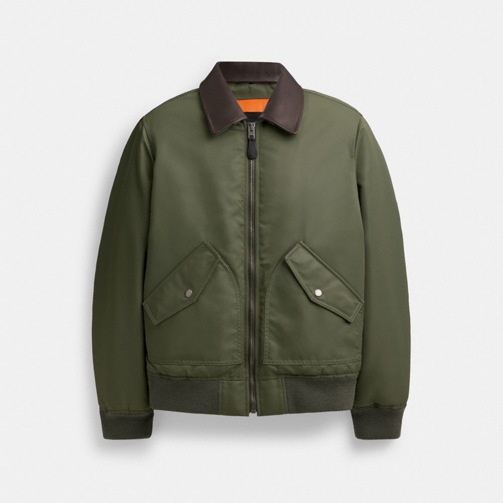 Coach Woven Jacket With Leather Collar Green | COH866862