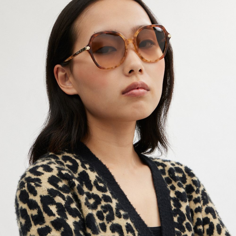 Coach Wrap Around Hangtag Oversized Geometric Round Sunglasses Honey Tortoise | COH866341