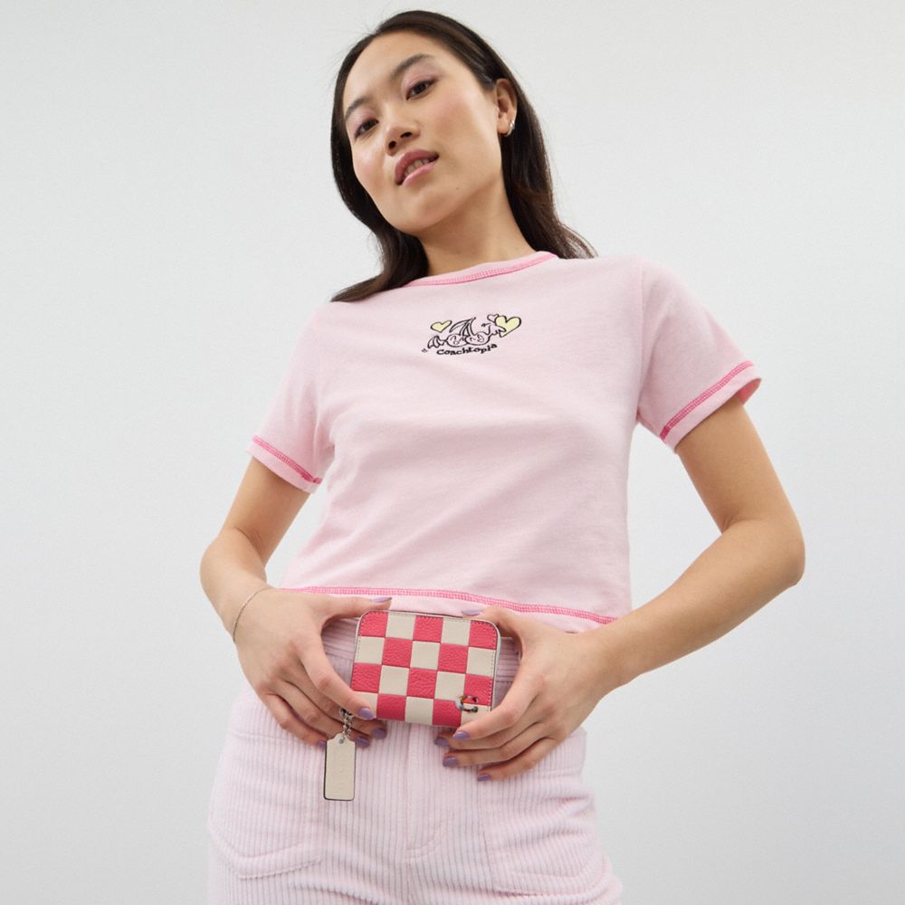 Coach Zip Around Wallet In Checkerboard Upcrafted Leather Pink/Chalk | COH865601
